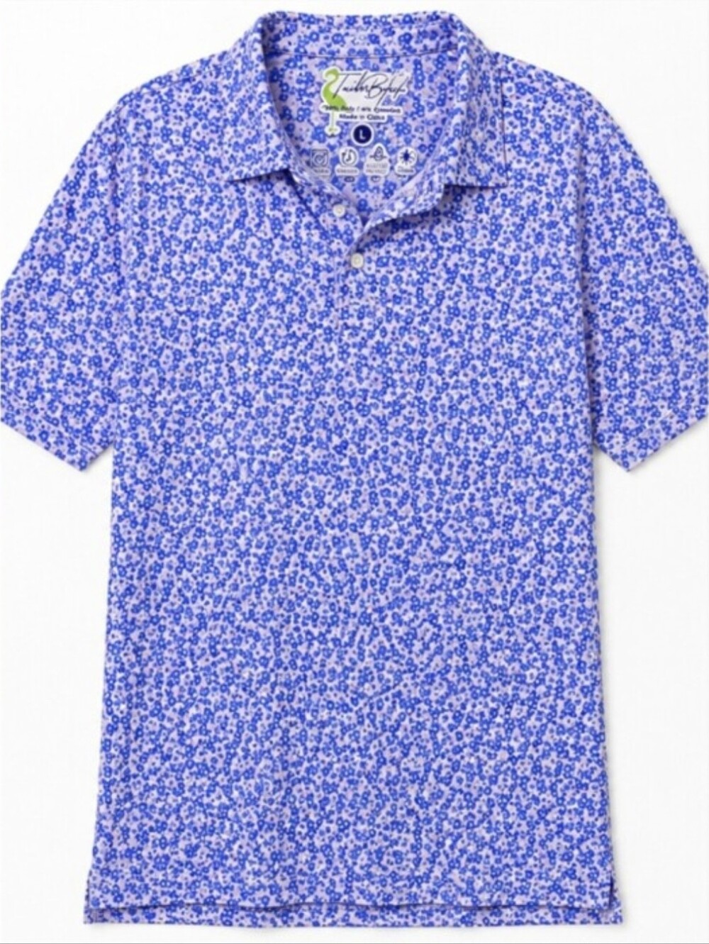 TailorByrd men's performance polo in size Large. Blue floral/ditsy all-over prin